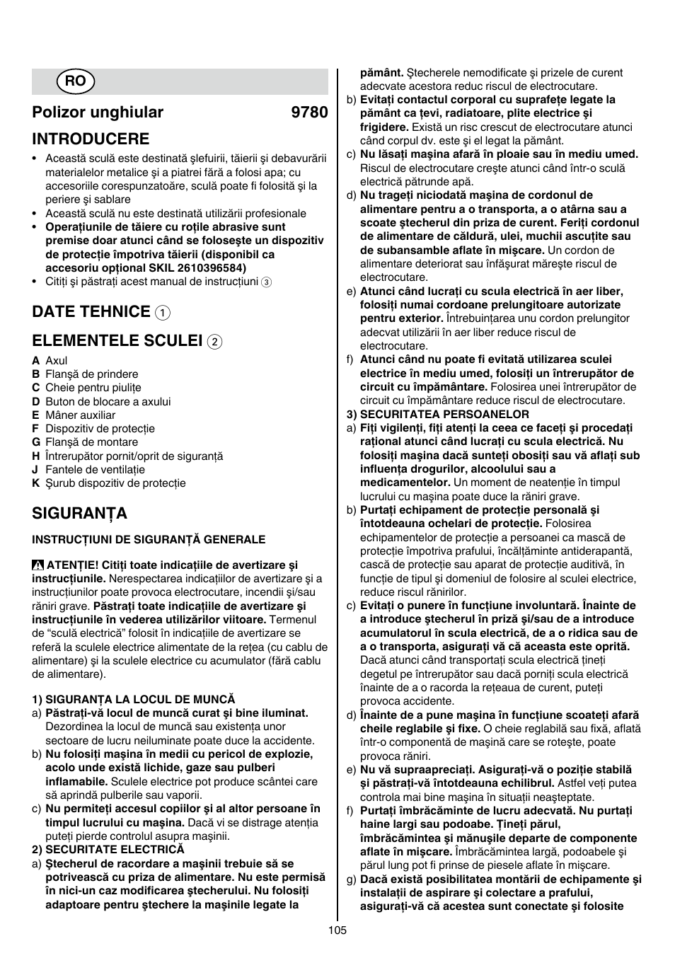 Polizor unghiular 9780 introducere, Date tehnice 1 elementele sculei 2, Siguranţa | Skil 9780 AA User Manual | Page 105 / 176