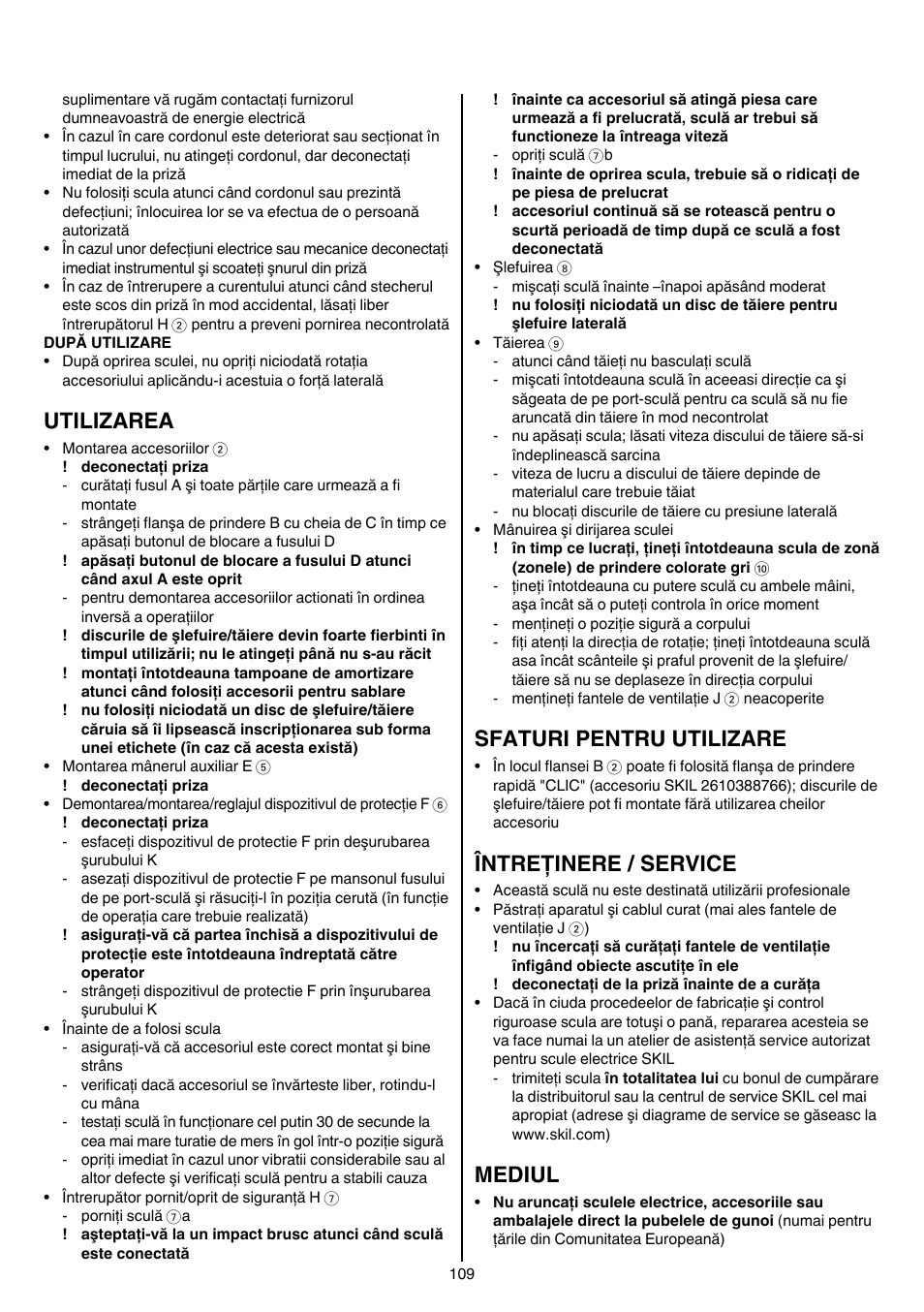 Utilizarea, Sfaturi pentru utilizare, Întreţinere / service | Mediul | Skil 9780 AA User Manual | Page 109 / 176