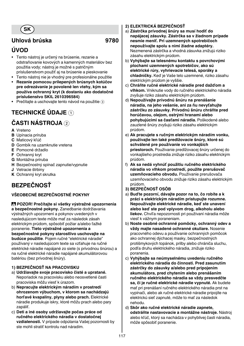 Uhlová brúska 9780 úvod, Technické údaje 1 časti nástroja 2, Bezpečnosť | Skil 9780 AA User Manual | Page 117 / 176