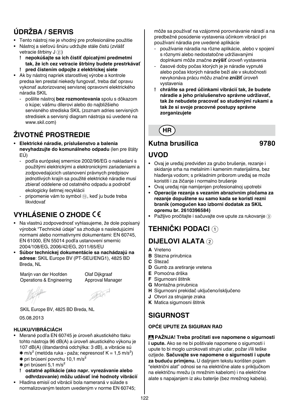 Údržba / servis, Životné prostredie, Vyhlásenie o zhode | Kutna brusilica 9780 uvod, Tehnički podaci 1 dijelovi alata 2, Sigurnost | Skil 9780 AA User Manual | Page 122 / 176