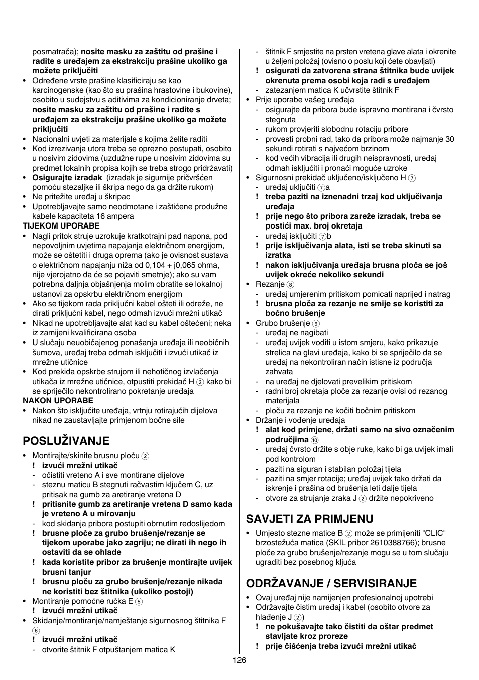 Posluživanje, Savjeti za primjenu, Održavanje / servisiranje | Skil 9780 AA User Manual | Page 126 / 176