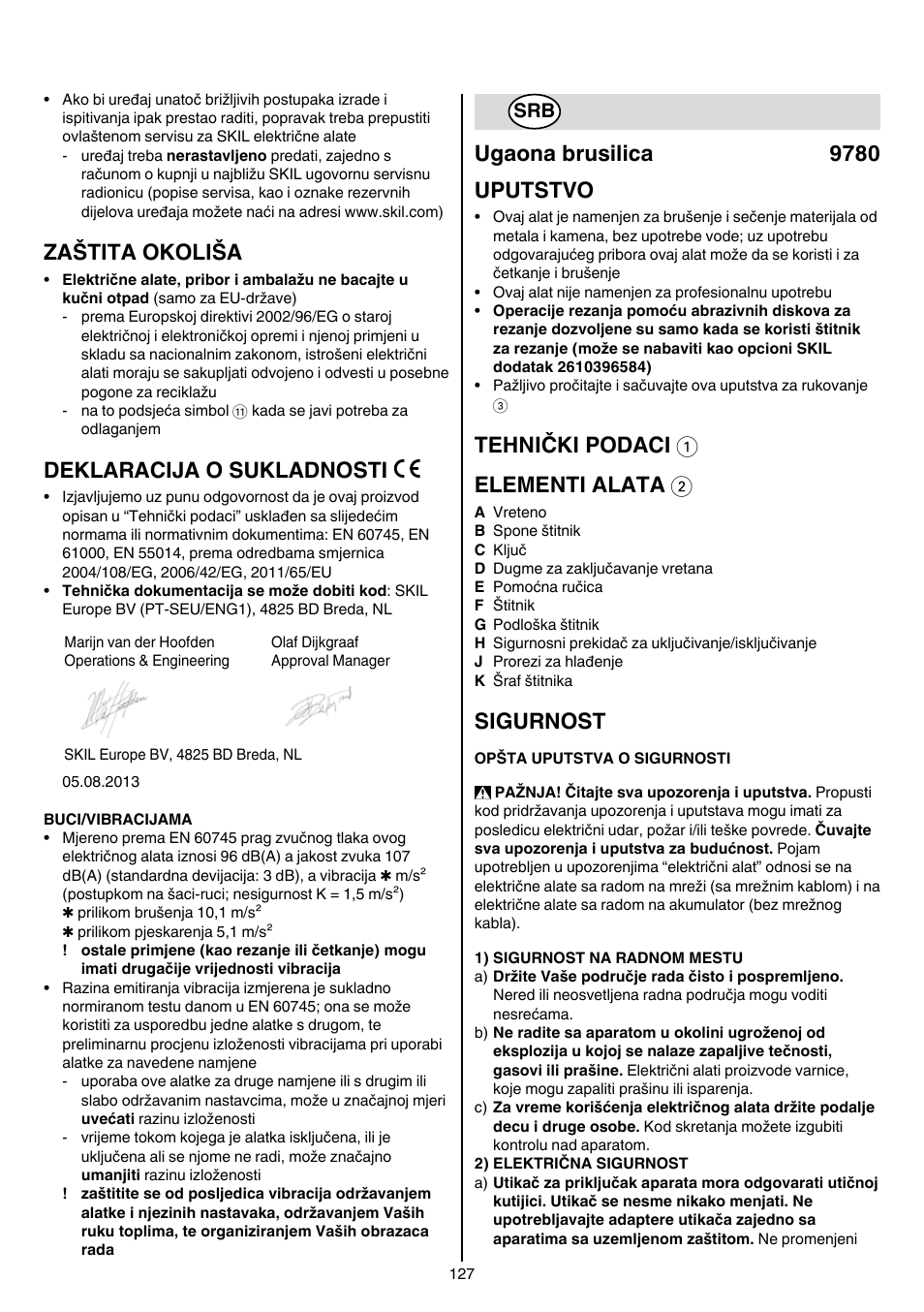 Zaštita okoliša, Deklaracija o sukladnosti, Ugaona brusilica 9780 uputstvo | Tehnički podaci 1 elementi alata 2, Sigurnost | Skil 9780 AA User Manual | Page 127 / 176