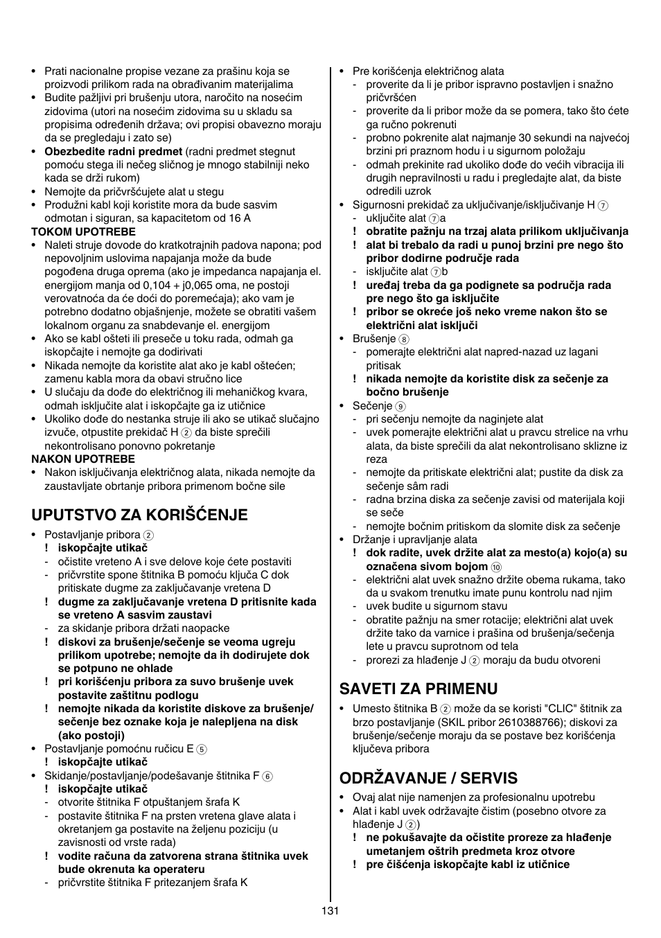 Uputstvo za korišćenje, Saveti za primenu, Održavanje / servis | Skil 9780 AA User Manual | Page 131 / 176