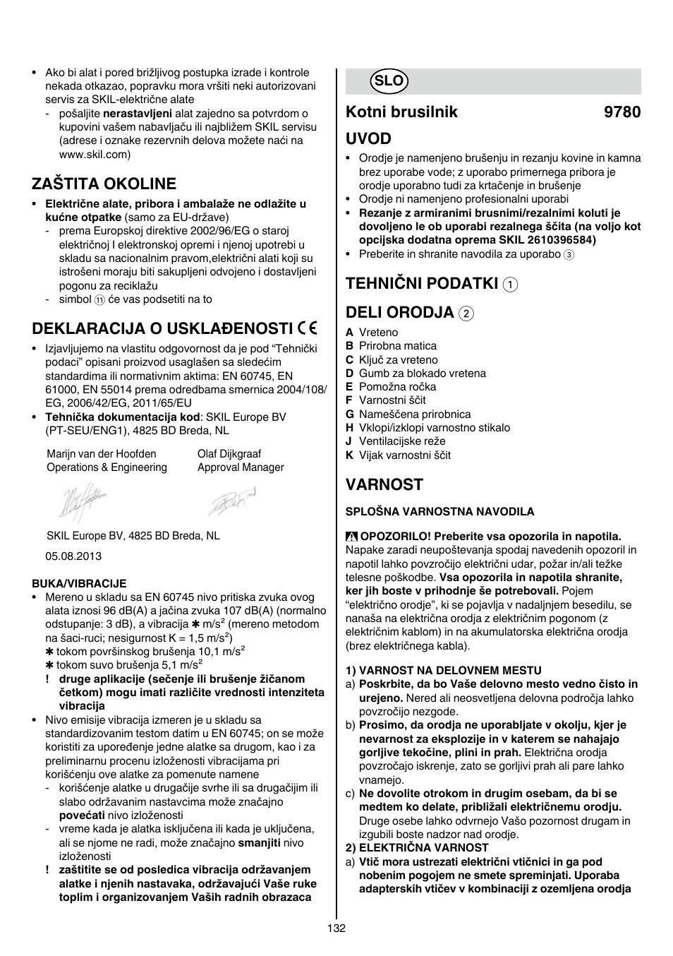 Zaštita okoline, Deklaracija o usklađenosti, Kotni brusilnik 9780 uvod | Tehnični podatki 1 deli orodja 2, Varnost | Skil 9780 AA User Manual | Page 132 / 176