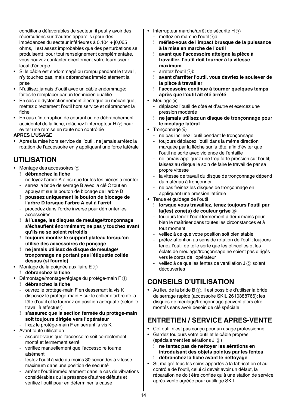 Utilisation, Conseils d’utilisation, Entretien / service apres-vente | Skil 9780 AA User Manual | Page 14 / 176