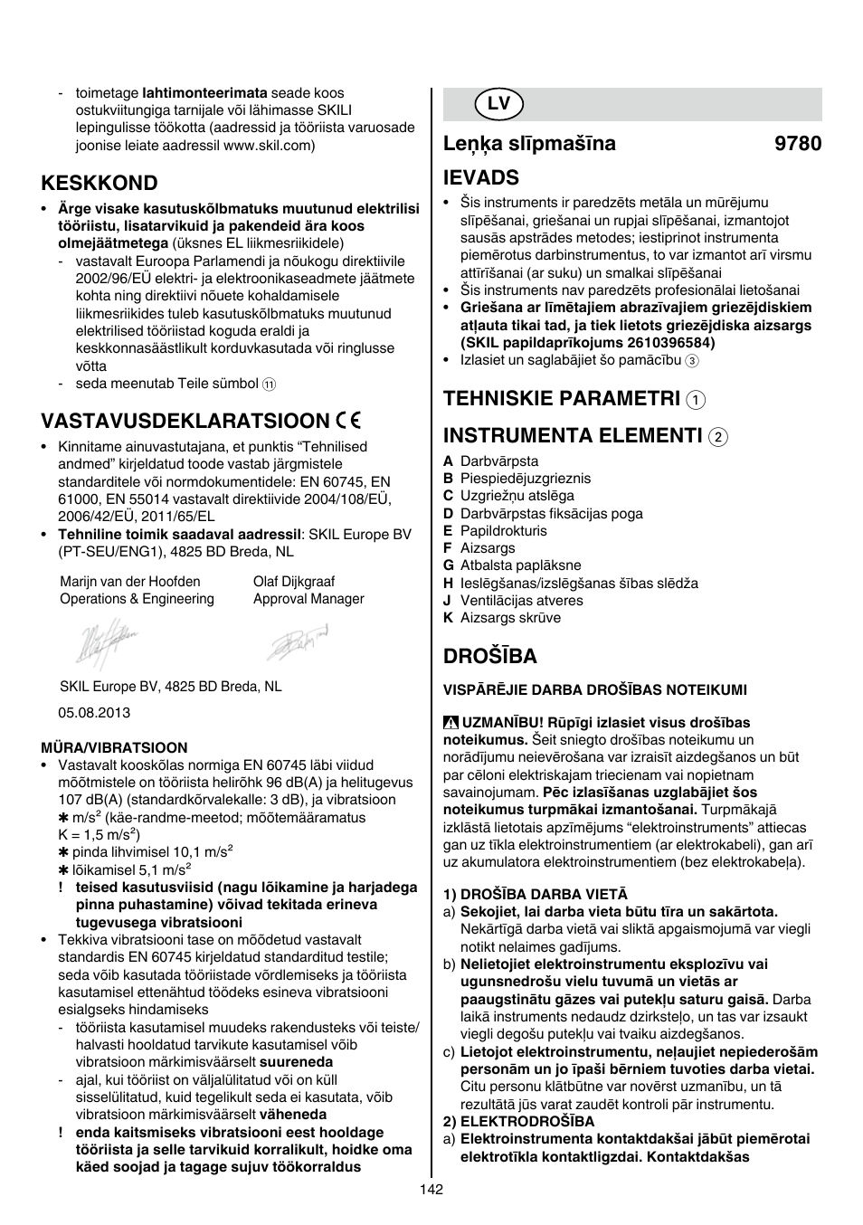Keskkond, Vastavusdeklaratsioon, Leņķa slīpmašīna 9780 ievads | Tehniskie parametri 1 instrumenta elementi 2, Drošība | Skil 9780 AA User Manual | Page 142 / 176
