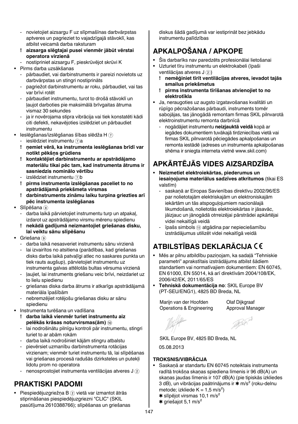 Praktiski padomi, Apkalpošana / apkope, Apkārtējās vides aizsardzība | Atbilstības deklarācija | Skil 9780 AA User Manual | Page 147 / 176