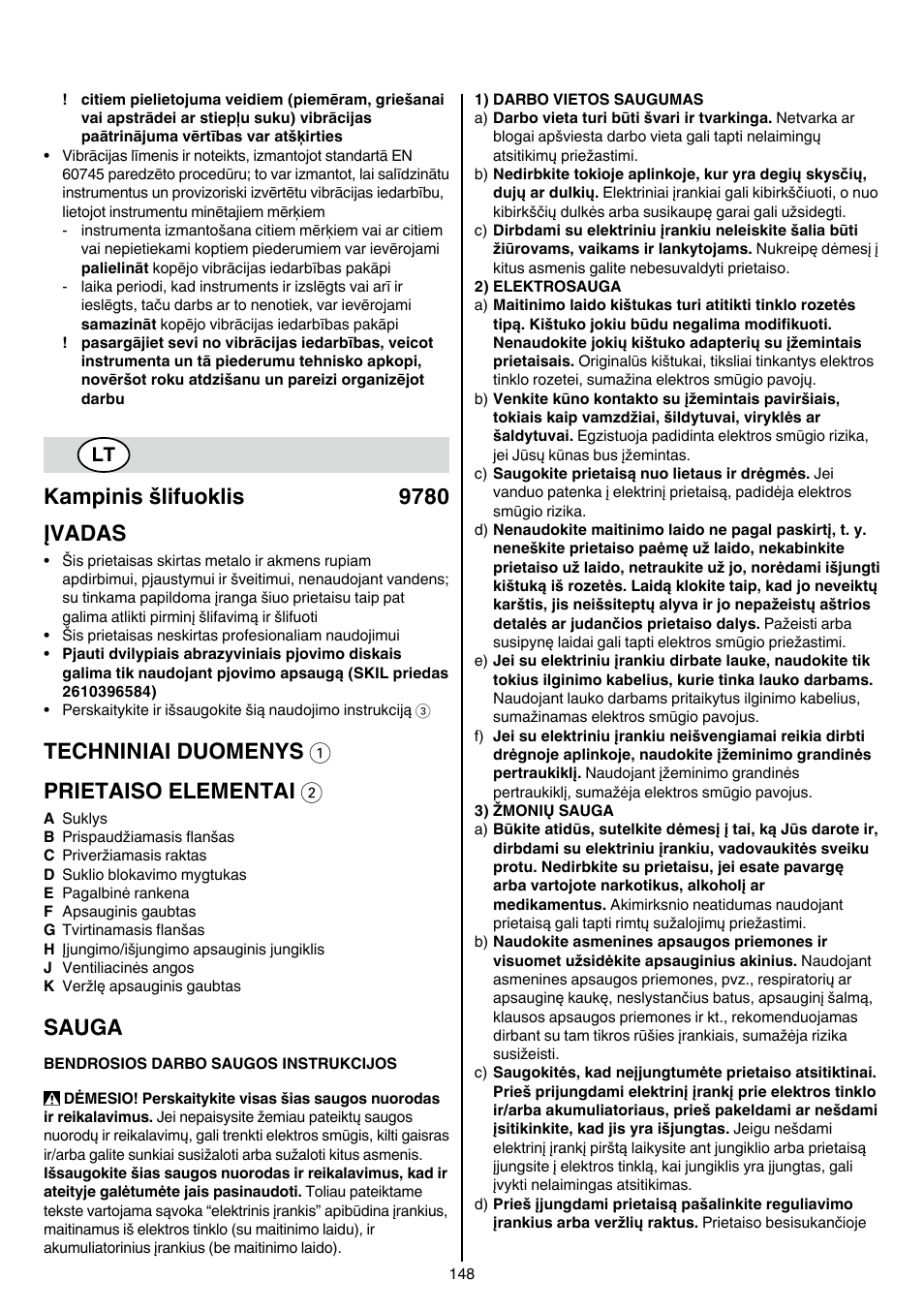 Kampinis šlifuoklis 9780 įvadas, Techniniai duomenys 1 prietaiso elementai 2, Sauga | Skil 9780 AA User Manual | Page 148 / 176