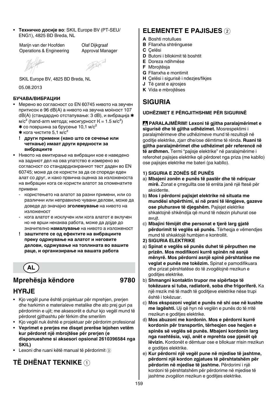 Mprehësja këndore 9780 hyrje, Të dhënat teknike 1 elementet e pajisjes 2, Siguria | Skil 9780 AA User Manual | Page 159 / 176