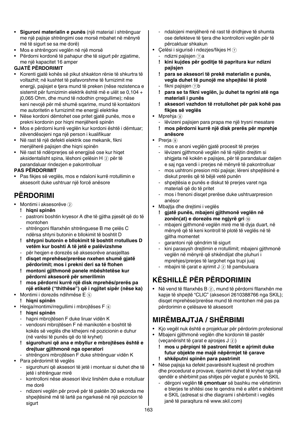 Përdorimi, Këshillë për përdorimin, Mirëmbajtja / shërbimi | Skil 9780 AA User Manual | Page 163 / 176