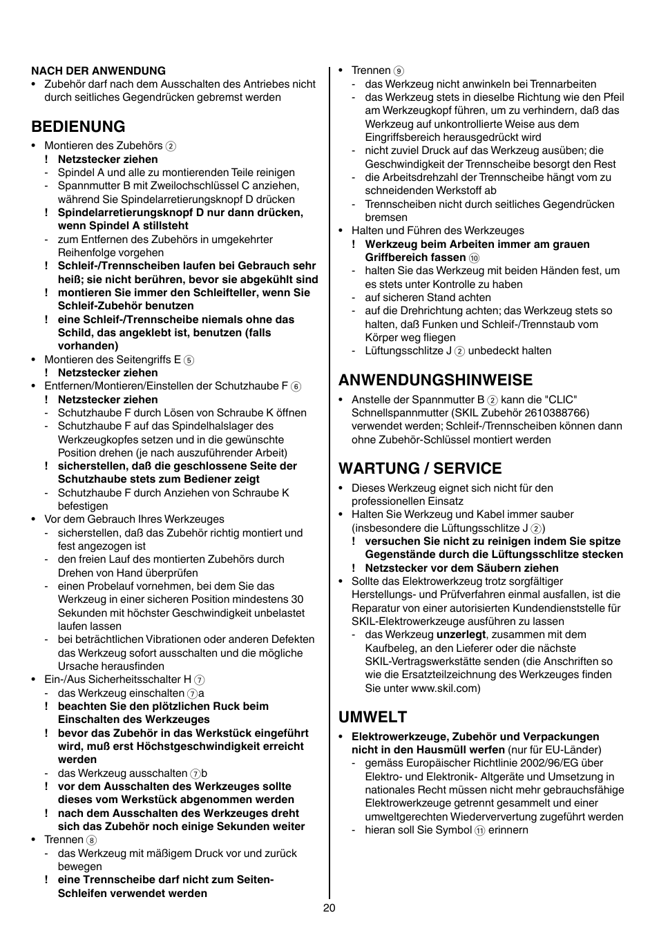 Bedienung, Anwendungshinweise, Wartung / service | Umwelt | Skil 9780 AA User Manual | Page 20 / 176