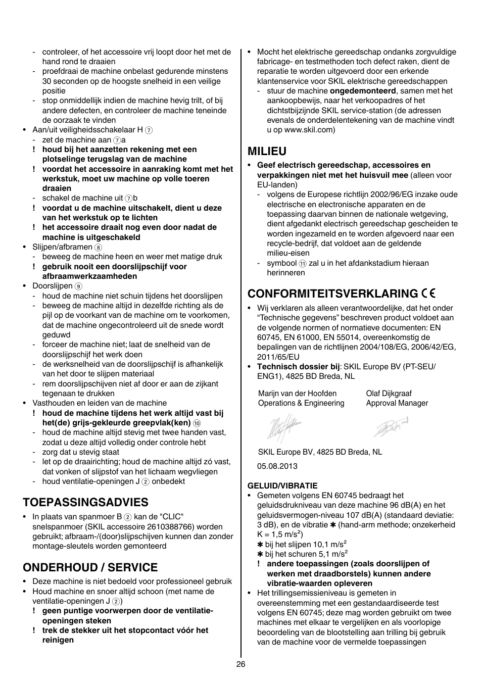 Toepassingsadvies, Onderhoud / service, Milieu | Conformiteitsverklaring | Skil 9780 AA User Manual | Page 26 / 176