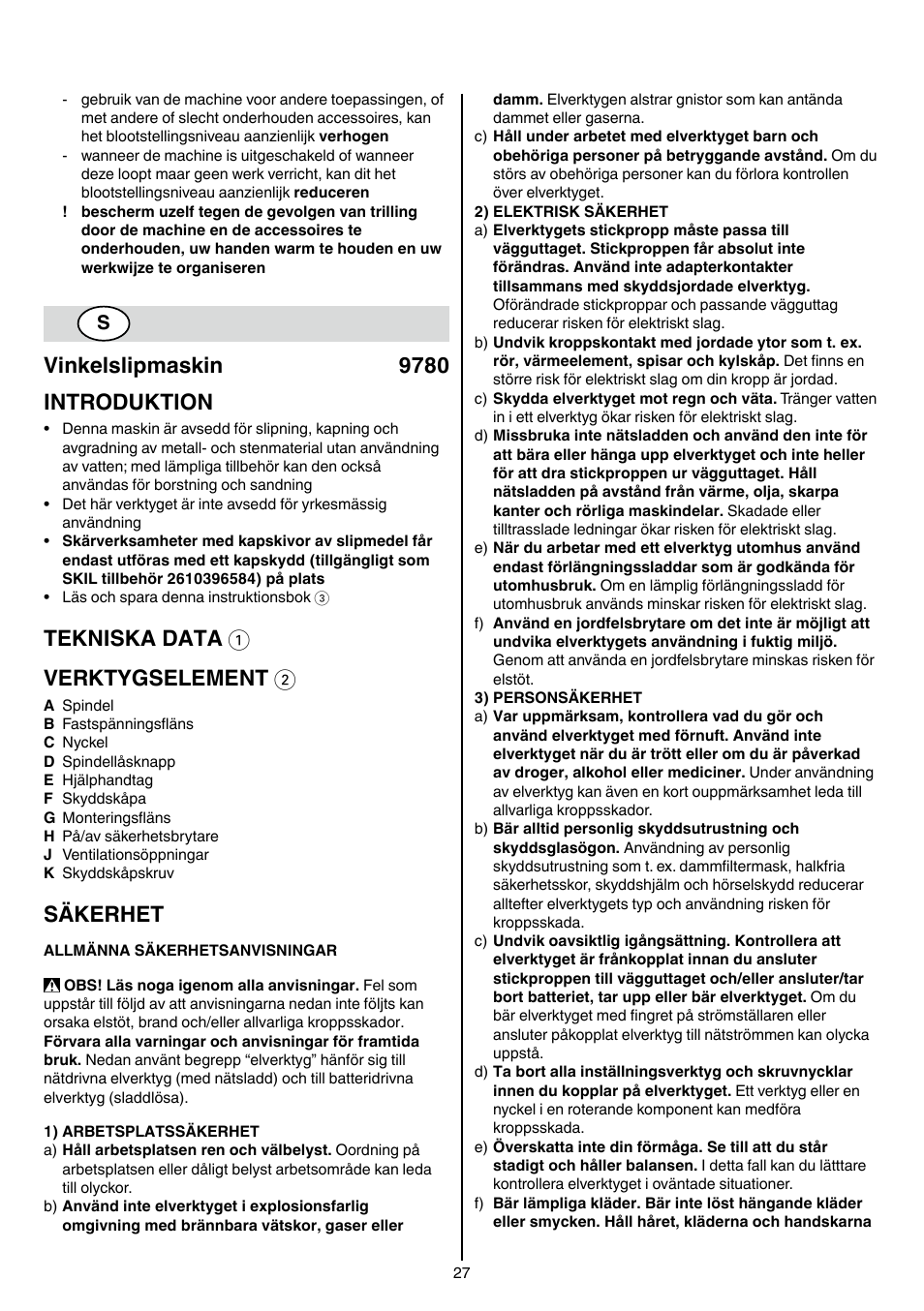 Vinkelslipmaskin 9780 introduktion, Tekniska data 1 verktygselement 2, Säkerhet | Skil 9780 AA User Manual | Page 27 / 176