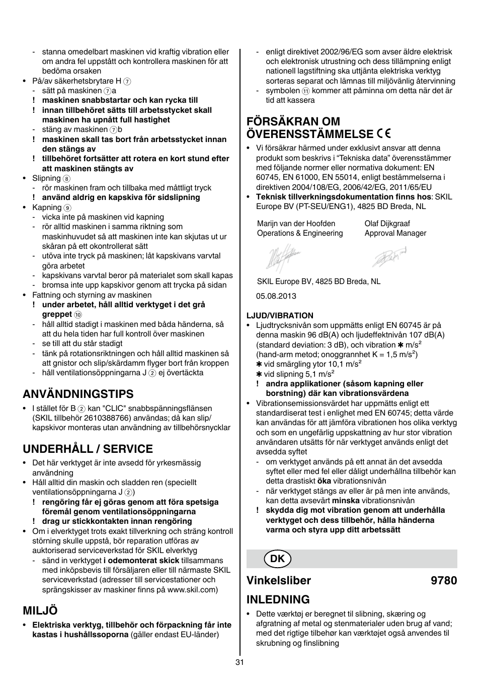 Användningstips, Underhåll / service, Miljö | Försäkran om överensstämmelse, Vinkelsliber 9780 inledning | Skil 9780 AA User Manual | Page 31 / 176