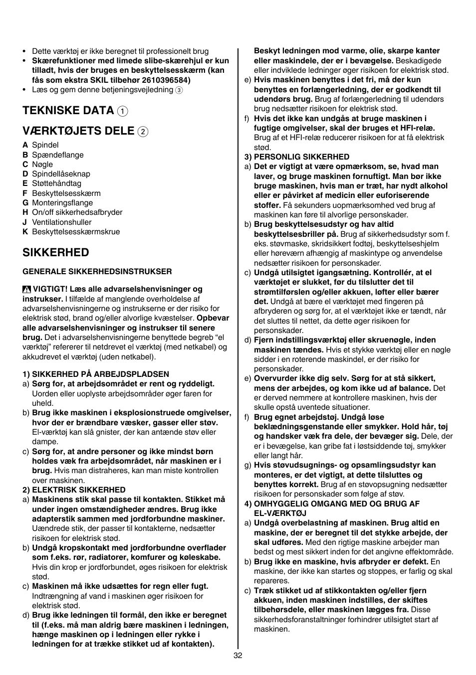 Tekniske data 1 værktøjets dele 2, Sikkerhed | Skil 9780 AA User Manual | Page 32 / 176