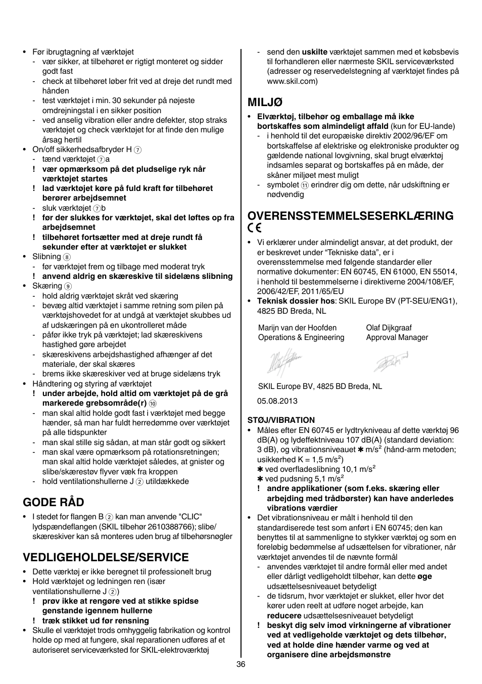 Gode råd, Vedligeholdelse/service, Miljø | Overensstemmelseserklæring | Skil 9780 AA User Manual | Page 36 / 176