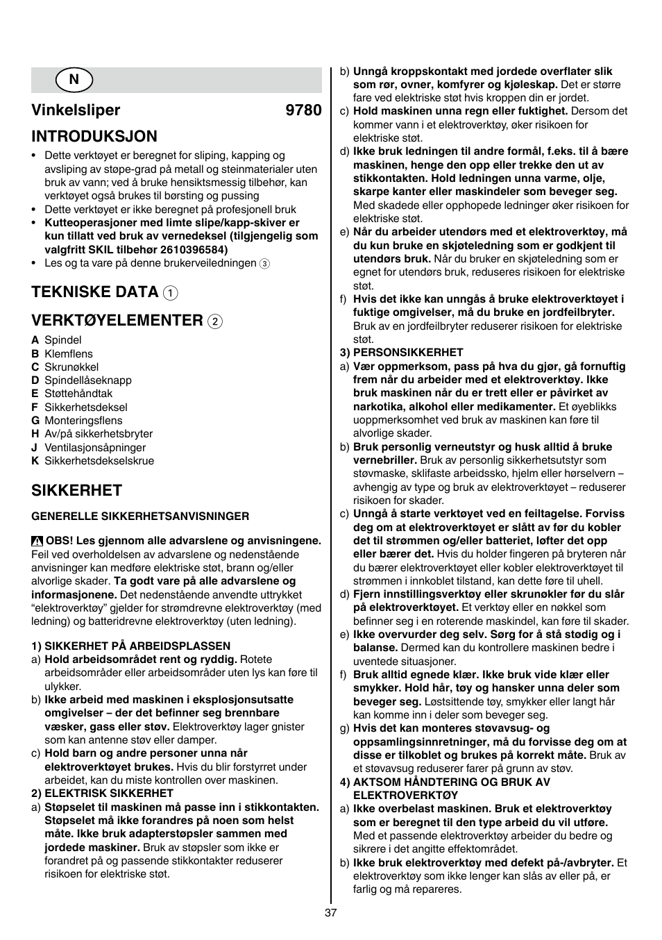 Vinkelsliper 9780 introduksjon, Tekniske data 1 verktøyelementer 2, Sikkerhet | Skil 9780 AA User Manual | Page 37 / 176