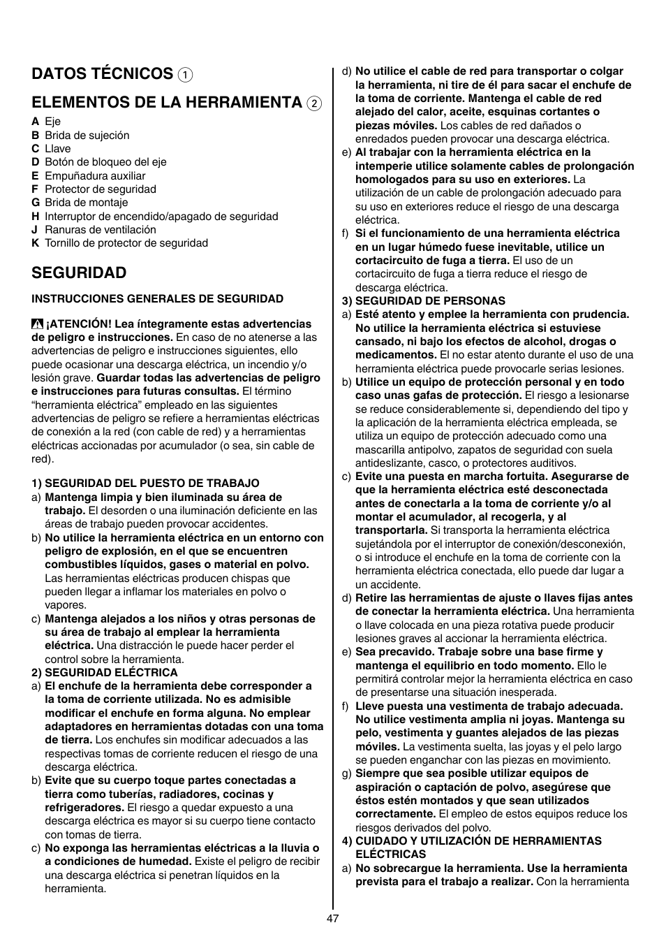 Datos técnicos 1 elementos de la herramienta 2, Seguridad | Skil 9780 AA User Manual | Page 47 / 176