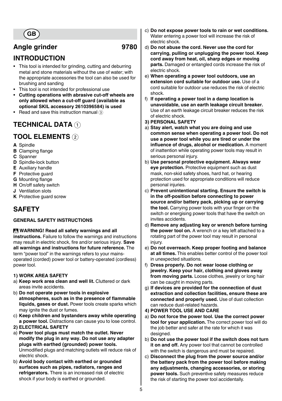 Angle grinder 9780 introduction, Technical data 1 tool elements 2, Safety | Skil 9780 AA User Manual | Page 5 / 176