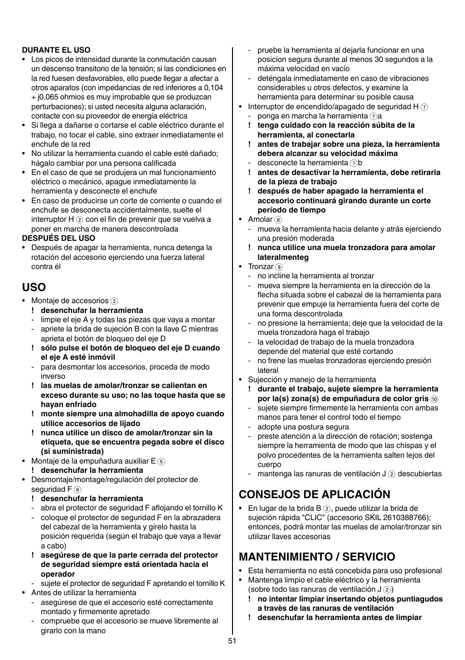 Consejos de aplicación, Mantenimiento / servicio | Skil 9780 AA User Manual | Page 51 / 176
