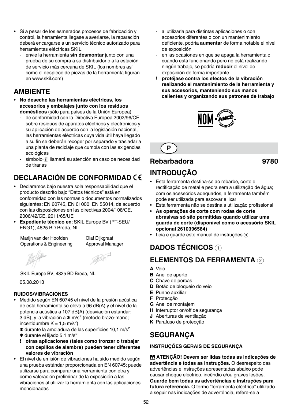 Ambiente, Declaración de conformidad, Rebarbadora 9780 introdução | Dados técnicos 1 elementos da ferramenta 2, Segurança | Skil 9780 AA User Manual | Page 52 / 176
