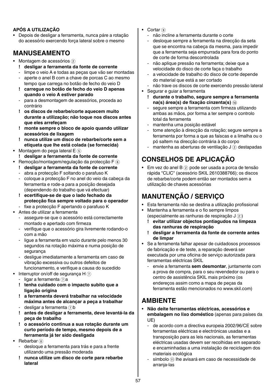 Manuseamento, Conselhos de aplicação, Manutenção / serviço | Ambiente | Skil 9780 AA User Manual | Page 57 / 176