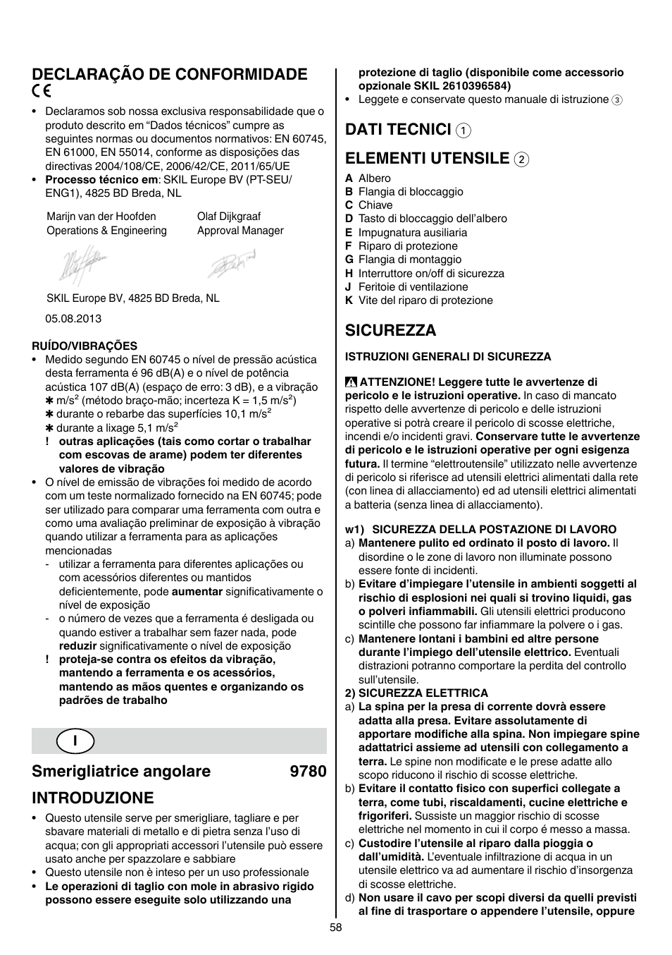 Declaração de conformidade, Smerigliatrice angolare 9780 introduzione, Dati tecnici 1 elementi utensile 2 | Sicurezza | Skil 9780 AA User Manual | Page 58 / 176