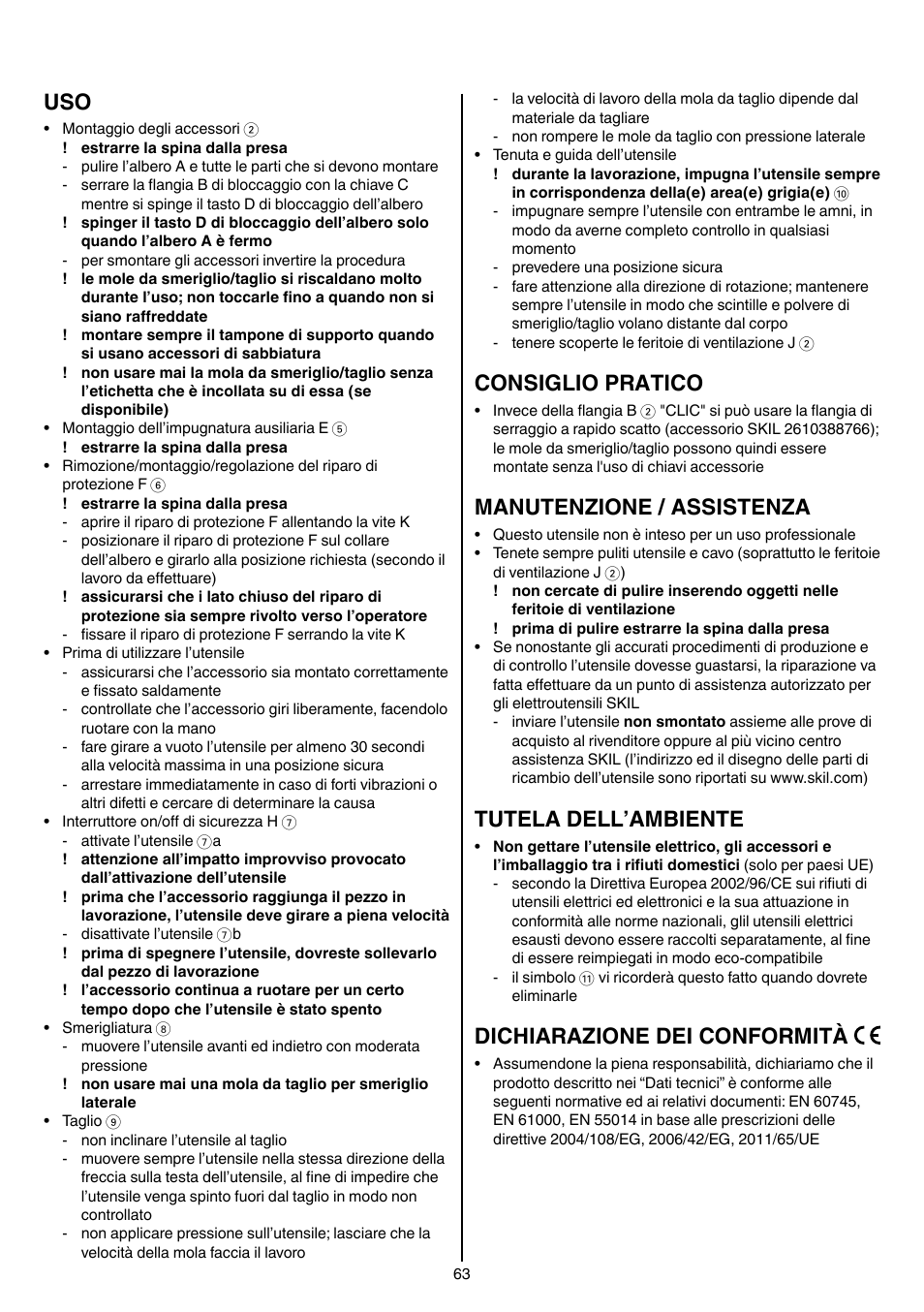 Consiglio pratico, Manutenzione / assistenza, Tutela dell’ambiente | Dichiarazione dei conformità | Skil 9780 AA User Manual | Page 63 / 176