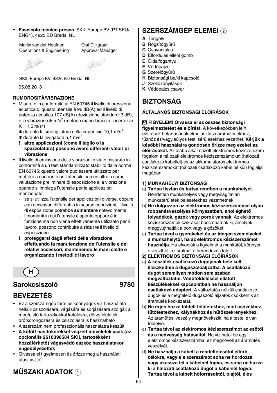 Sarokcsiszoló 9780 bevezetés, Műszaki adatok 1 szerszámgép elemei 2, Biztonság | Skil 9780 AA User Manual | Page 64 / 176
