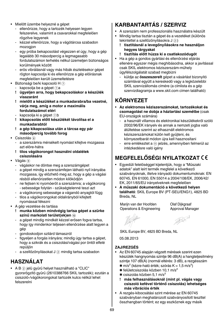 Használat, Karbantartás / szerviz, Környezet | Megfelelőségi nyilatkozat | Skil 9780 AA User Manual | Page 69 / 176