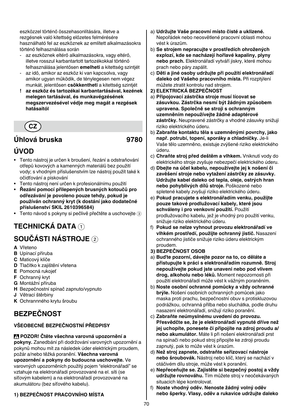 Úhlová bruska 9780 úvod, Technická data 1 součásti nástroje 2, Bezpečnost | Skil 9780 AA User Manual | Page 70 / 176