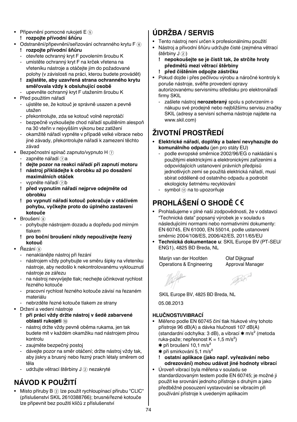 Návod k použití, Údržba / servis, Životní prostředí | Prohlášení o shodě | Skil 9780 AA User Manual | Page 74 / 176