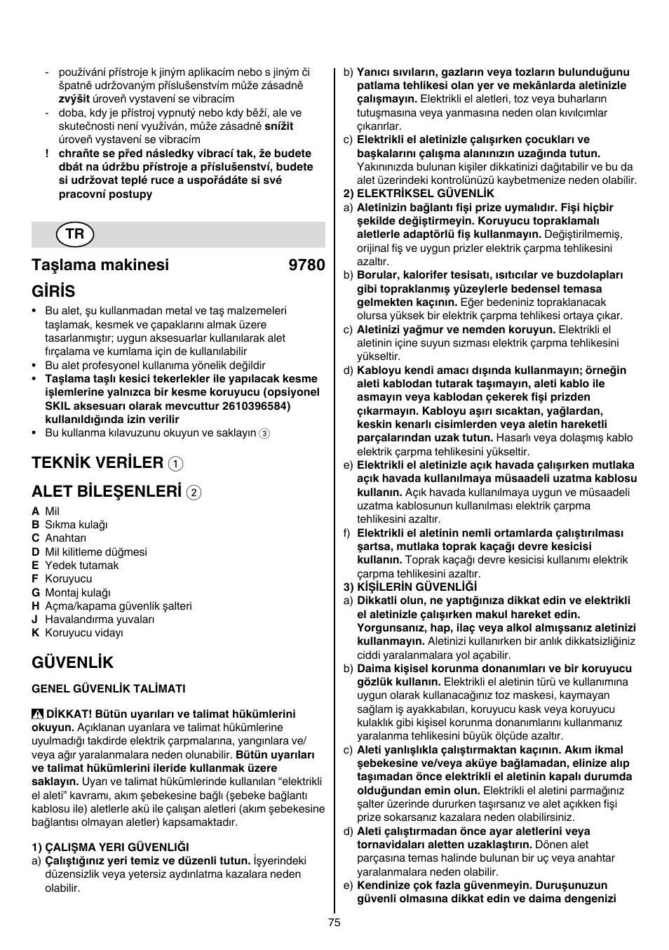 Taşlama makinesi 9780 giris, Teknik veriler 1 alet bileşenleri 2, Güvenlik | Skil 9780 AA User Manual | Page 75 / 176