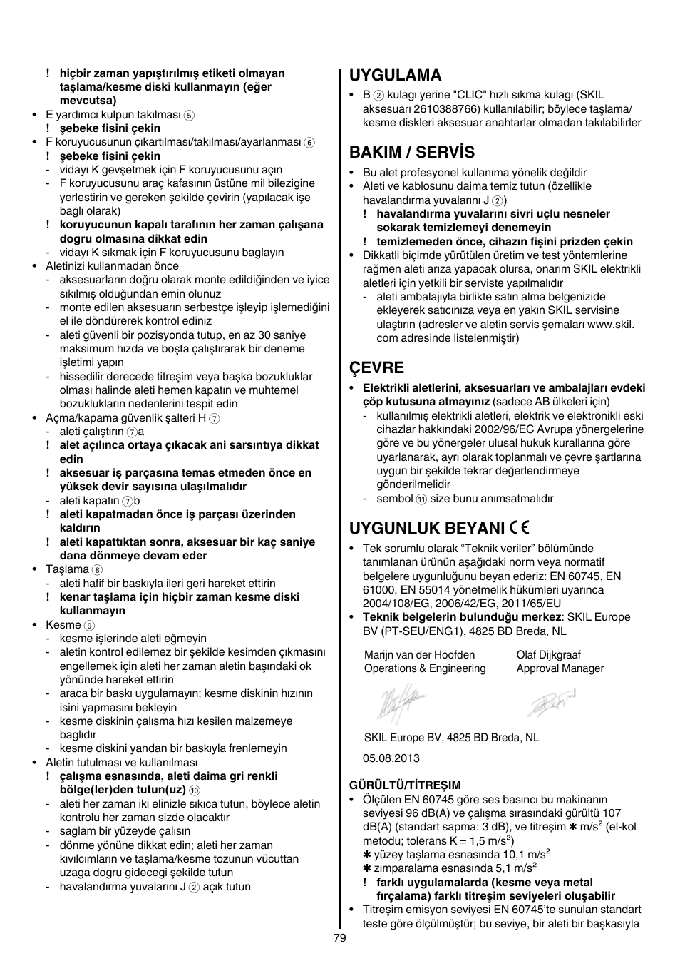 Uygulama, Bakim / servis, Çevre | Uygunluk beyani | Skil 9780 AA User Manual | Page 79 / 176