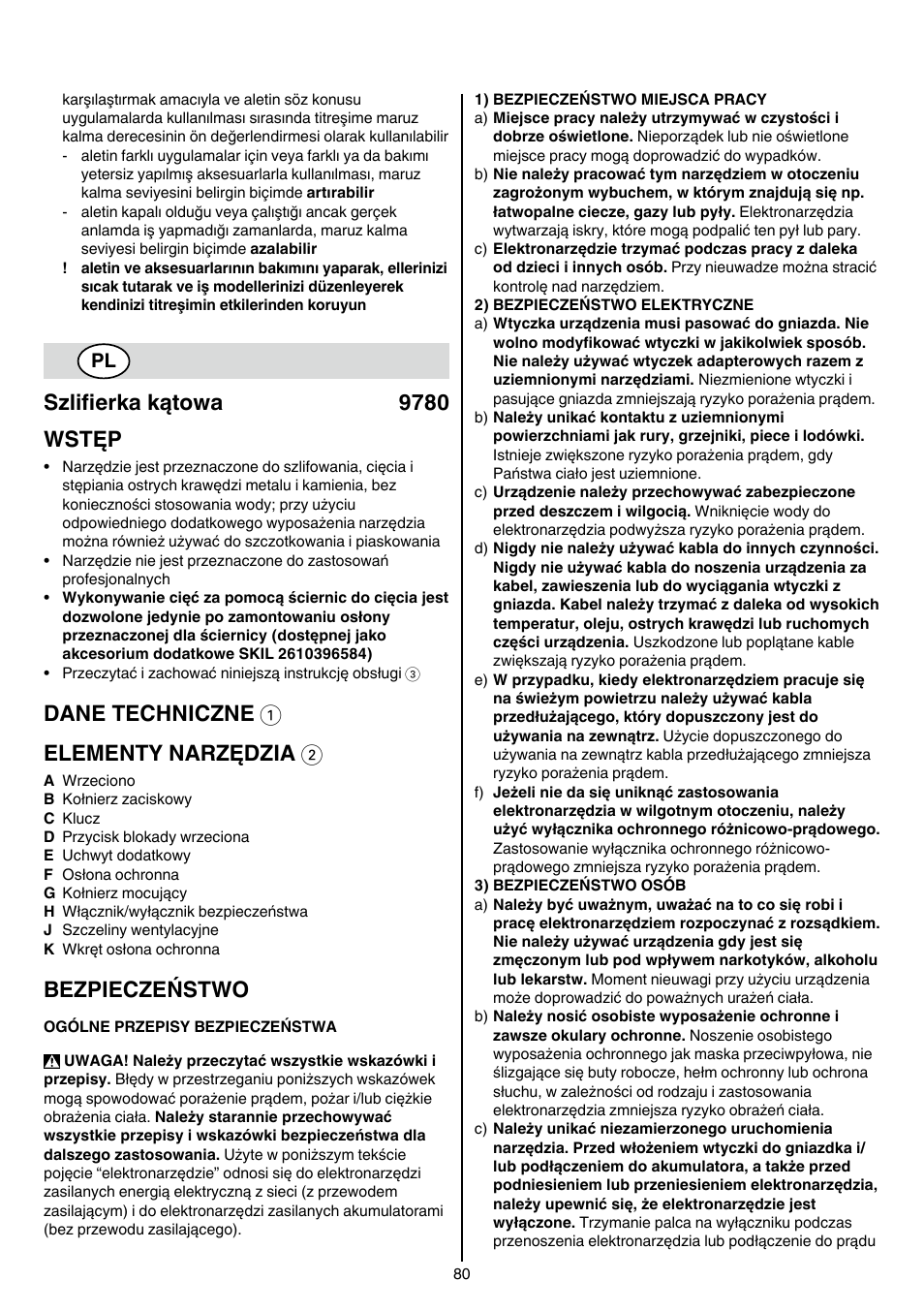 Szlifierka kątowa 9780 wstęp, Dane techniczne 1 elementy narzędzia 2, Bezpieczeństwo | Skil 9780 AA User Manual | Page 80 / 176