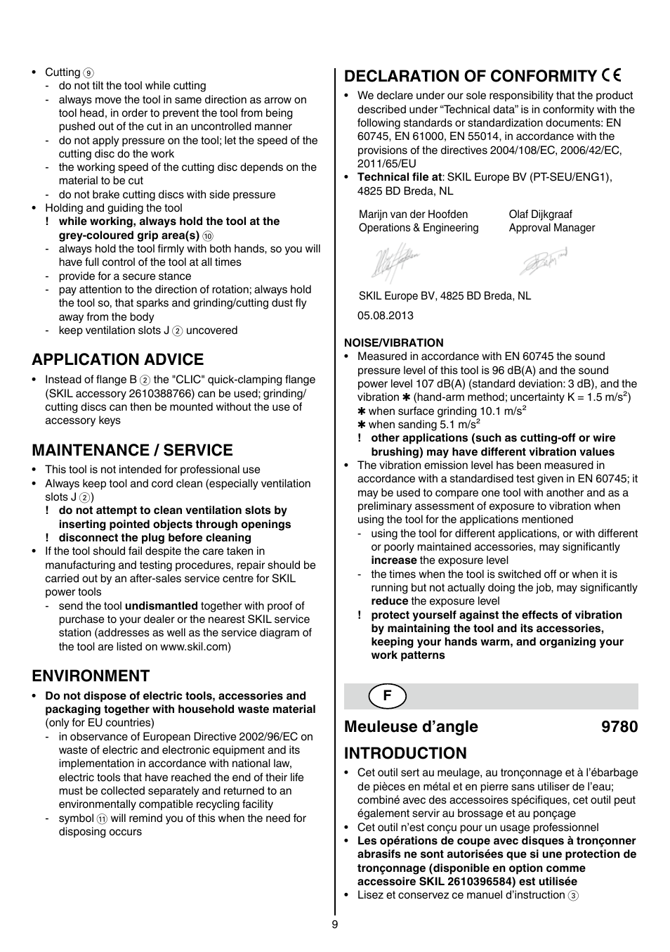 Application advice, Maintenance / service, Environment | Declaration of conformity, Meuleuse d’angle 9780 introduction | Skil 9780 AA User Manual | Page 9 / 176