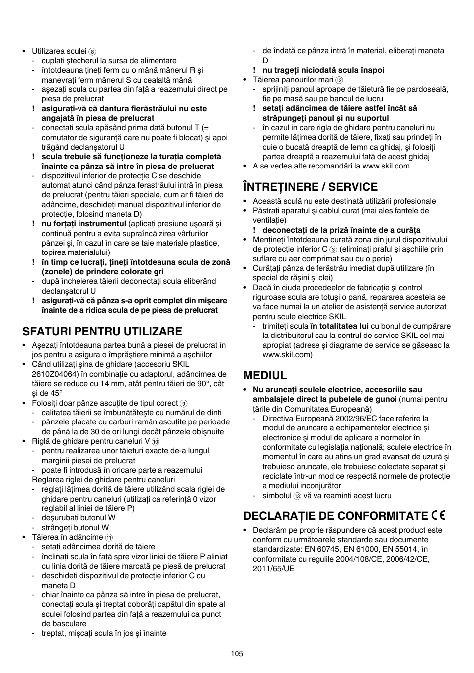 Sfaturi pentru utilizare, Întreţinere / service, Mediul | Declaraţie de conformitate | Skil 5740 CA User Manual | Page 105 / 172