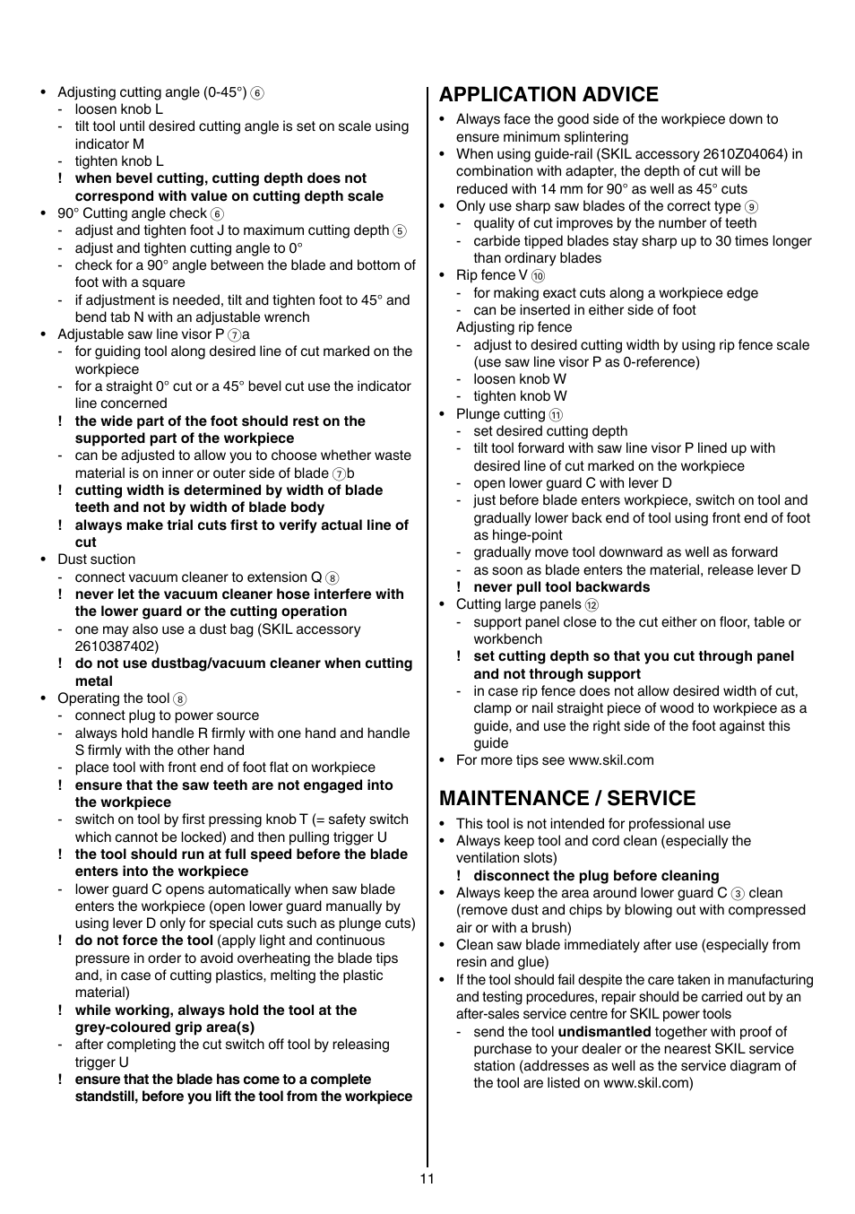 Application advice, Maintenance / service | Skil 5740 CA User Manual | Page 11 / 172