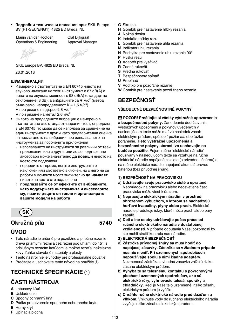 Okružná píla 5740 úvod, Technické špecifikácie 1 časti nástroja, Bezpečnosť | Skil 5740 CA User Manual | Page 112 / 172