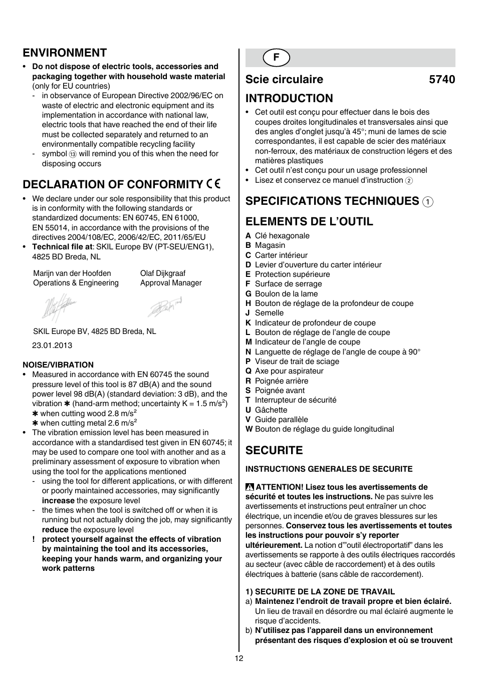 Environment, Declaration of conformity, Scie circulaire 5740 introduction | Specifications techniques 1 elements de l’outil, Securite | Skil 5740 CA User Manual | Page 12 / 172