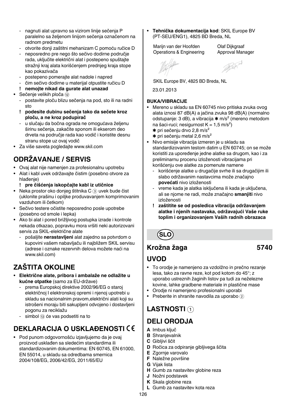 Održavanje / servis, Zaštita okoline, Deklaracija o usklađenosti | Krožna žaga 5740 uvod, Lastnosti 1 deli orodja | Skil 5740 CA User Manual | Page 126 / 172