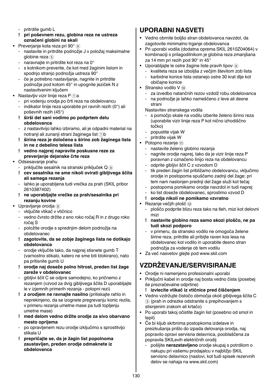 Uporabni nasveti, Vzdrževanje/servisiranje | Skil 5740 CA User Manual | Page 130 / 172