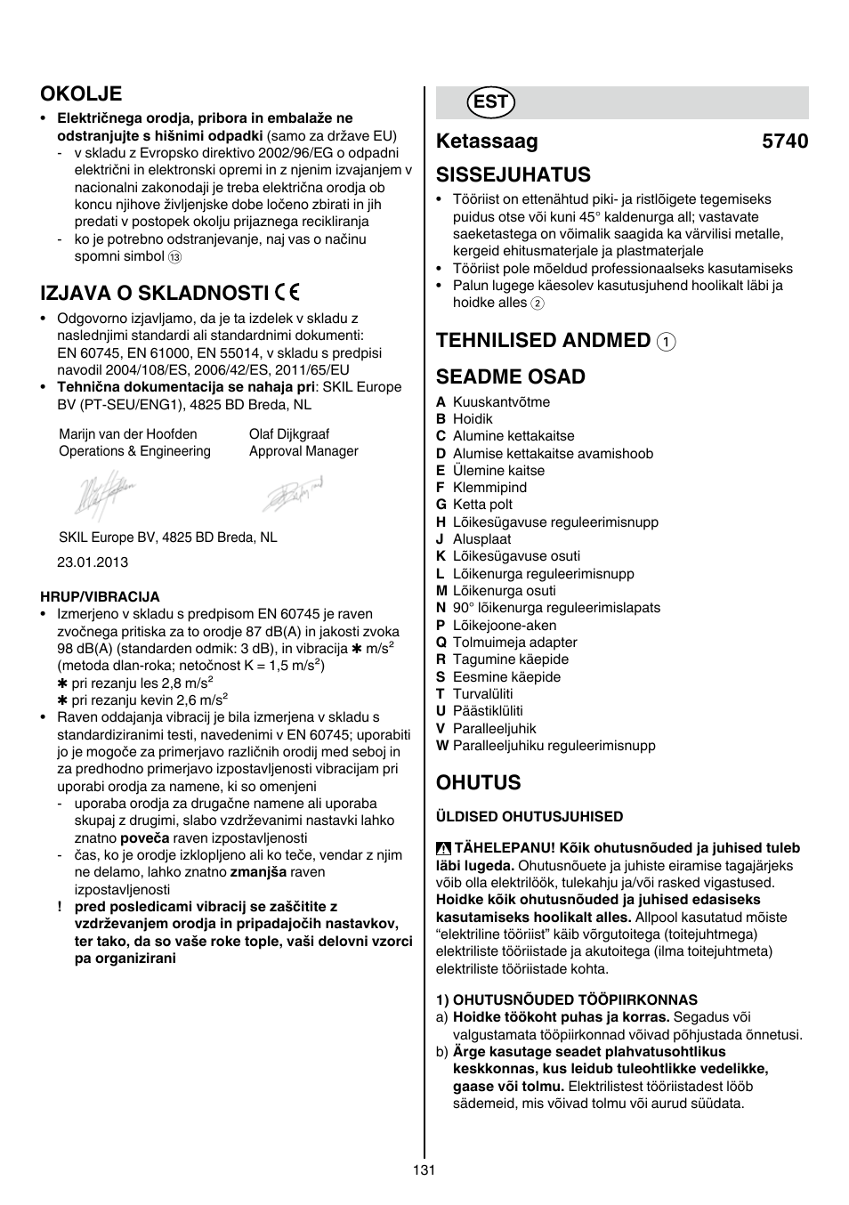 Okolje, Izjava o skladnosti, Ketassaag 5740 sissejuhatus | Tehnilised andmed 1 seadme osad, Ohutus | Skil 5740 CA User Manual | Page 131 / 172