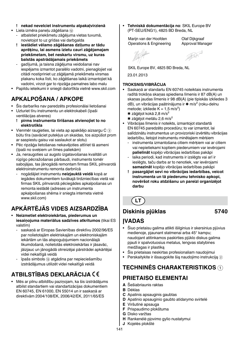 Apkalpošana / apkope, Apkārtējās vides aizsardzība, Atbilstības deklarācija | Diskinis pjūklas 5740 įvadas, Techninės charakteristikos 1 prietaiso elementai | Skil 5740 CA User Manual | Page 141 / 172
