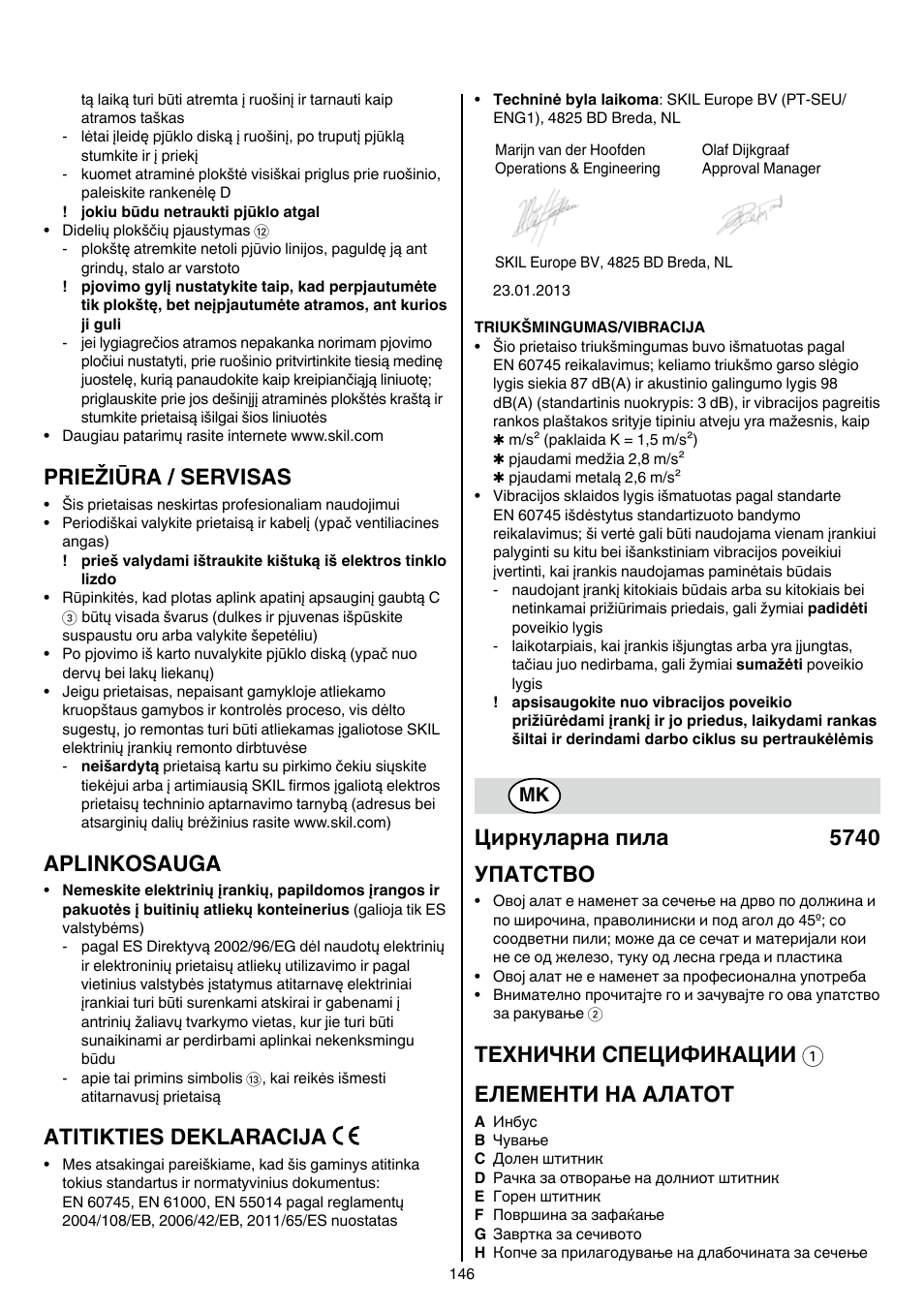 Priežiūra / servisas, Aplinkosauga, Atitikties deklaracija | Циркуларна пила 5740 упатство, Технички спецификации 1 елементи на алатот | Skil 5740 CA User Manual | Page 146 / 172