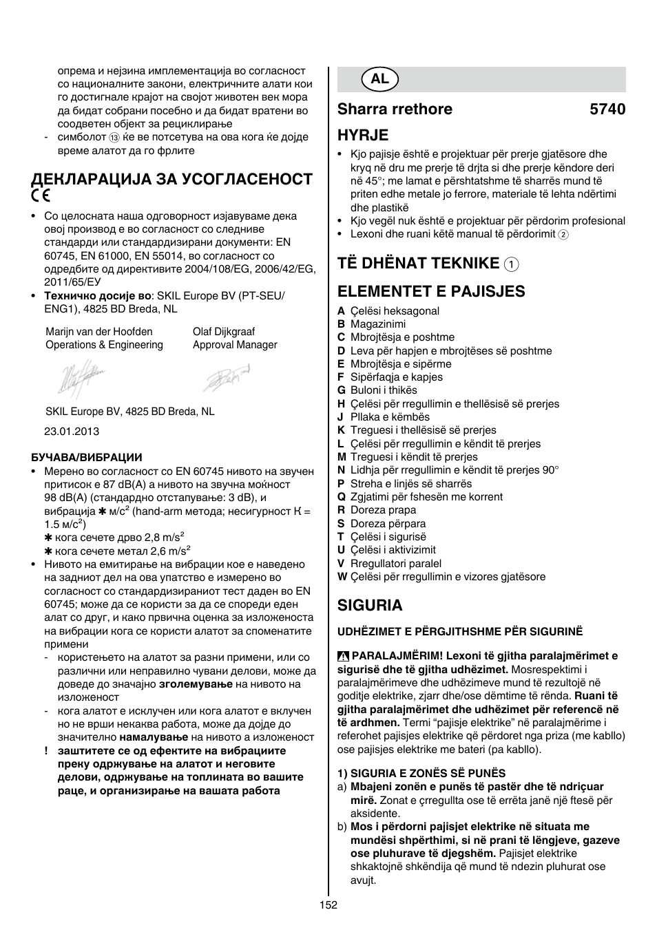 Декларација за усогласеност, Sharra rrethore 5740 hyrje, Të dhënat teknike 1 elementet e pajisjes | Siguria | Skil 5740 CA User Manual | Page 152 / 172