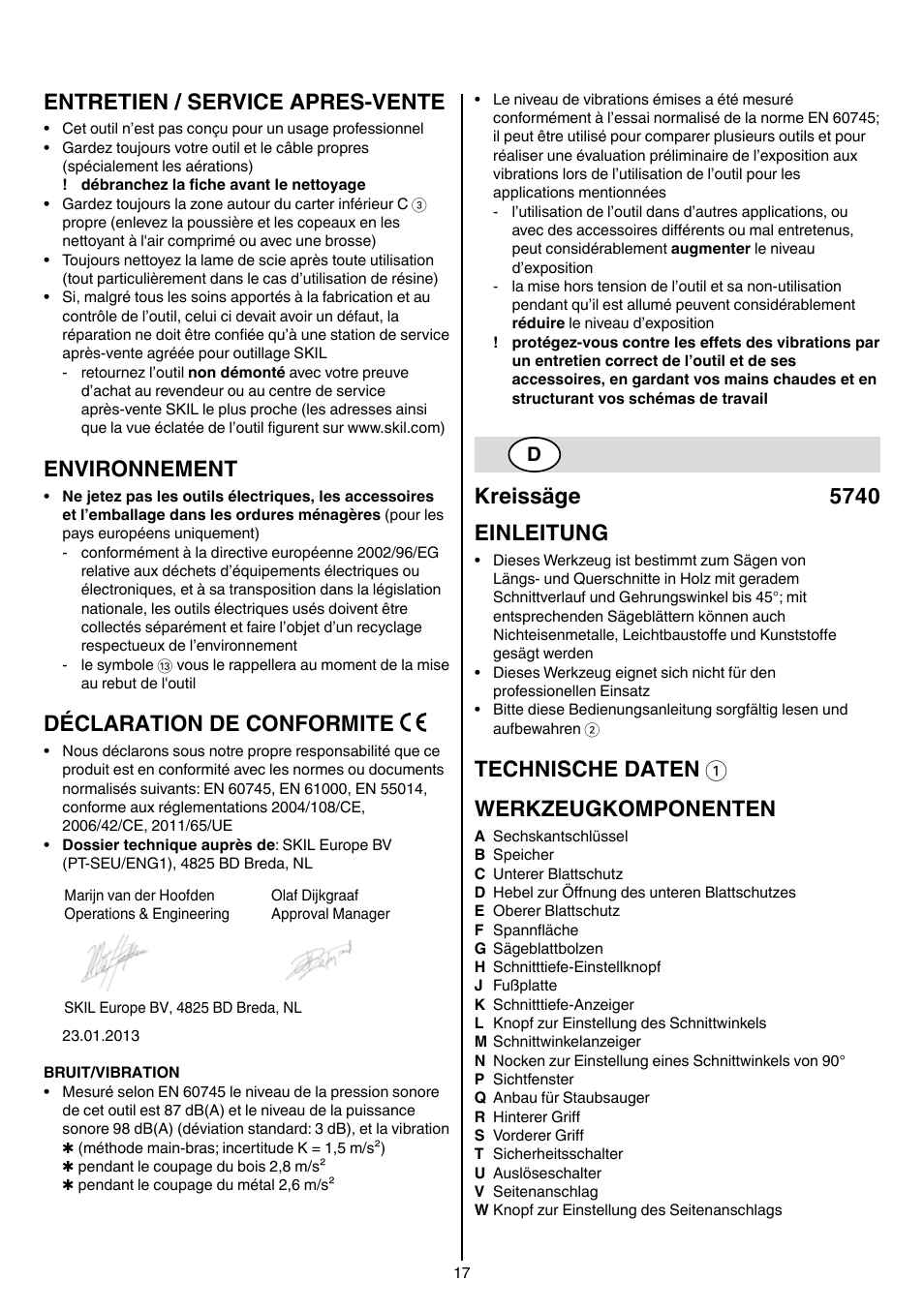 Entretien / service apres-vente, Environnement, Déclaration de conformite | Kreissäge 5740 einleitung, Technische daten 1 werkzeugkomponenten | Skil 5740 CA User Manual | Page 17 / 172