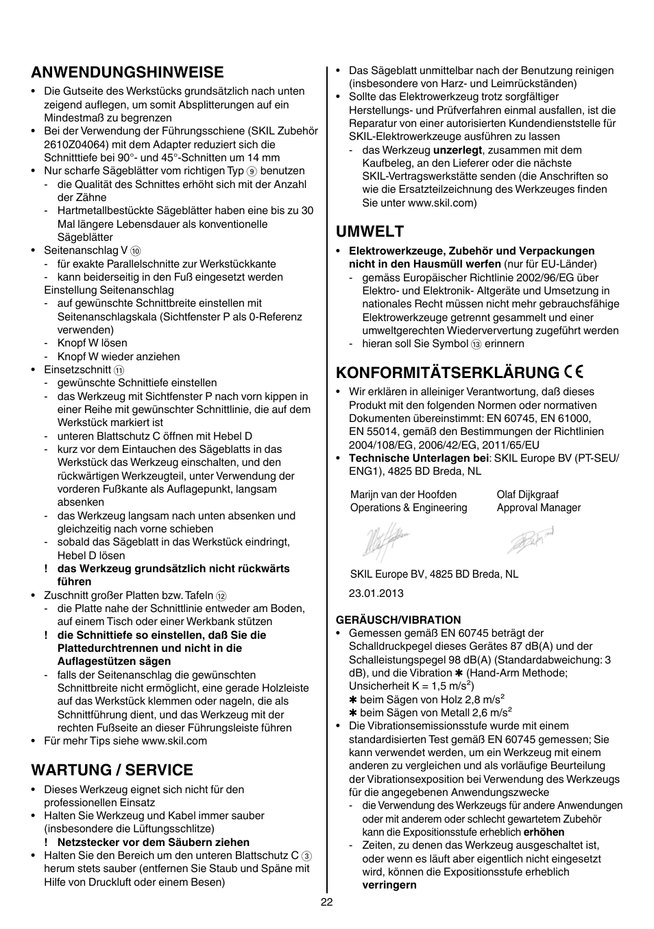 Anwendungshinweise, Wartung / service, Umwelt | Konformitätserklärung | Skil 5740 CA User Manual | Page 22 / 172