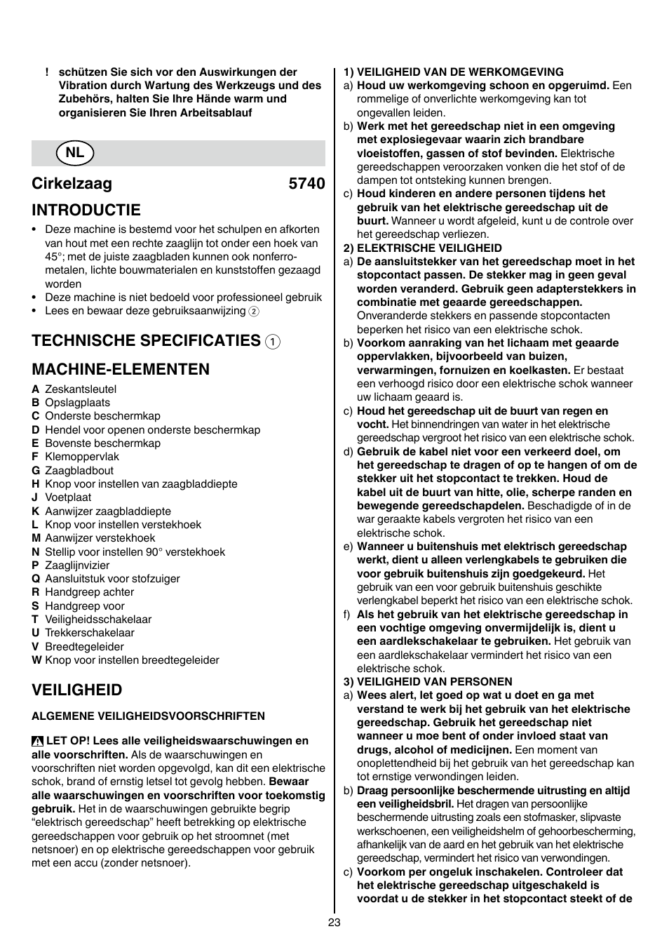 Cirkelzaag 5740 introductie, Technische specificaties 1 machine-elementen, Veiligheid | Skil 5740 CA User Manual | Page 23 / 172