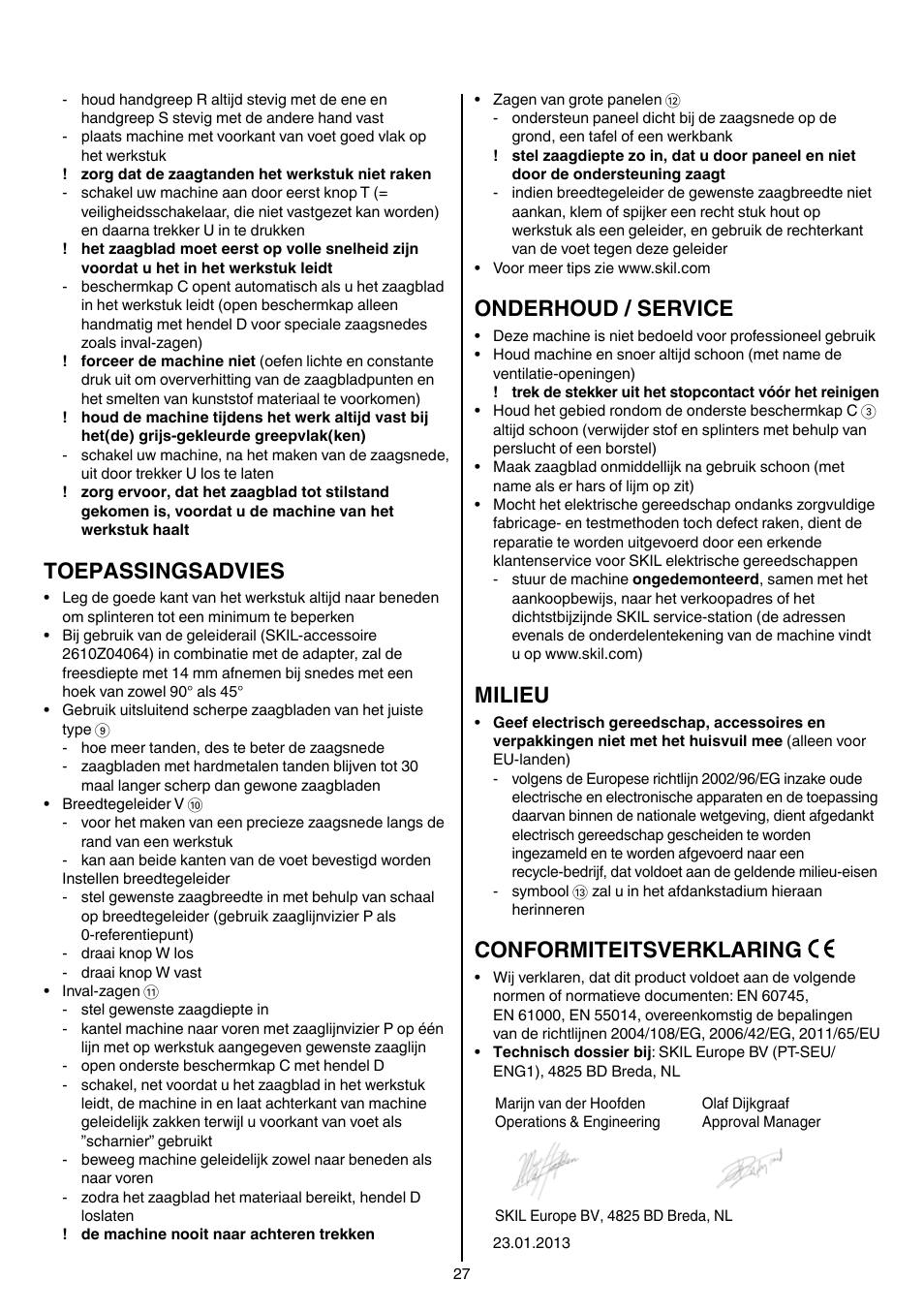Toepassingsadvies, Onderhoud / service, Milieu | Conformiteitsverklaring | Skil 5740 CA User Manual | Page 27 / 172